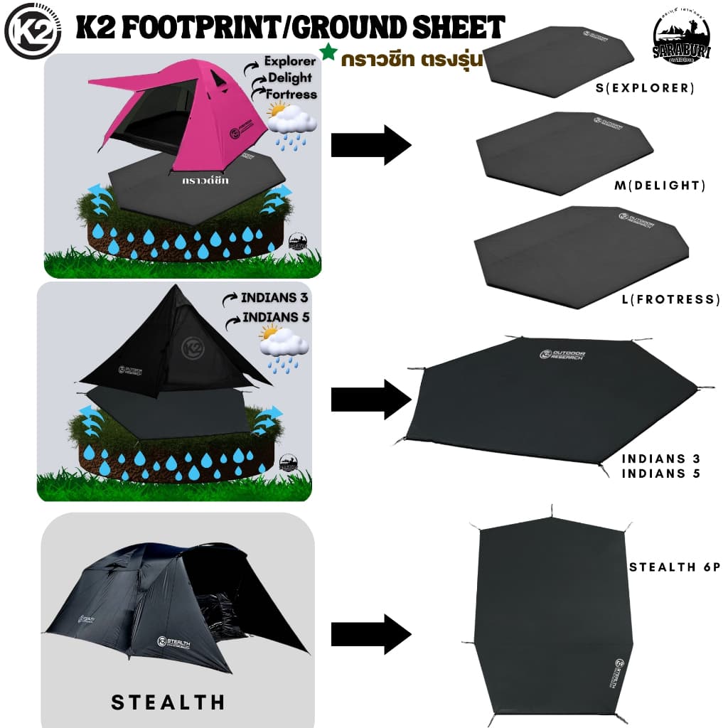 K2 Footprint ตรงรุ่น Explorer,Delight,Fortress,กระโจมK2indians,Stealth แผ่นรองเต้นท์​ กราวชีท ผ้ารองพื้นใช้สำหรับรองพื้น